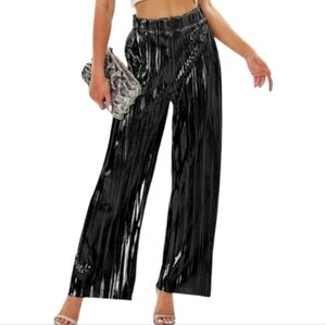 NWT Heipeiwa Black Plisse Pleated Shimmery Wide Leg Trouser Pants Metallic SM